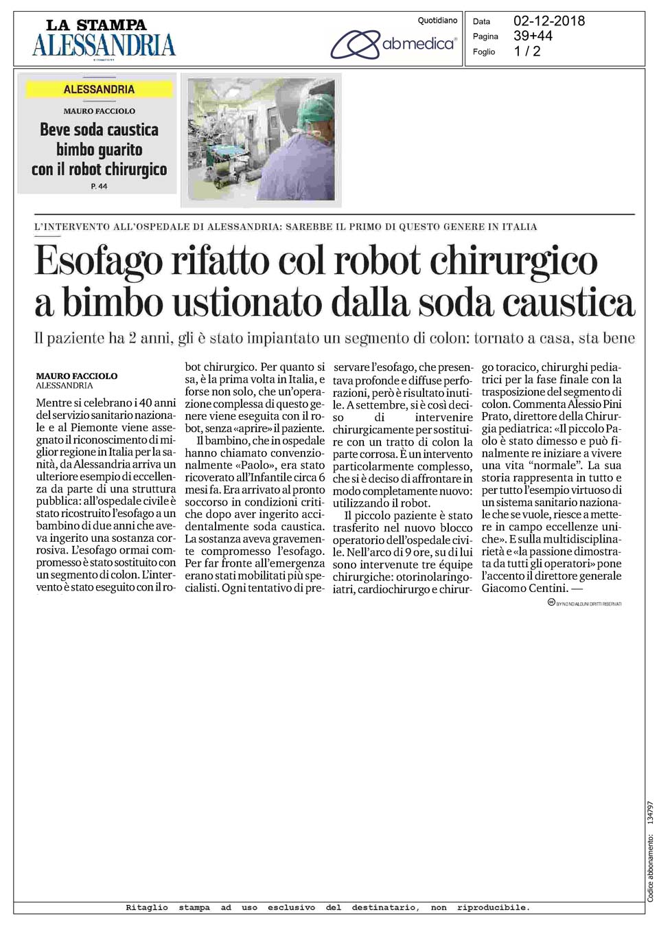 La Stampa - Esofago rifatto col robot chirurgico a bimbo ustionato dalla soda caustica