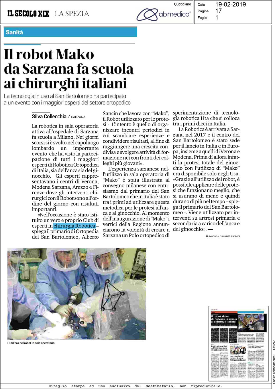 Il robot Mako da Sarzana fa scuola ai chirurghi italiani